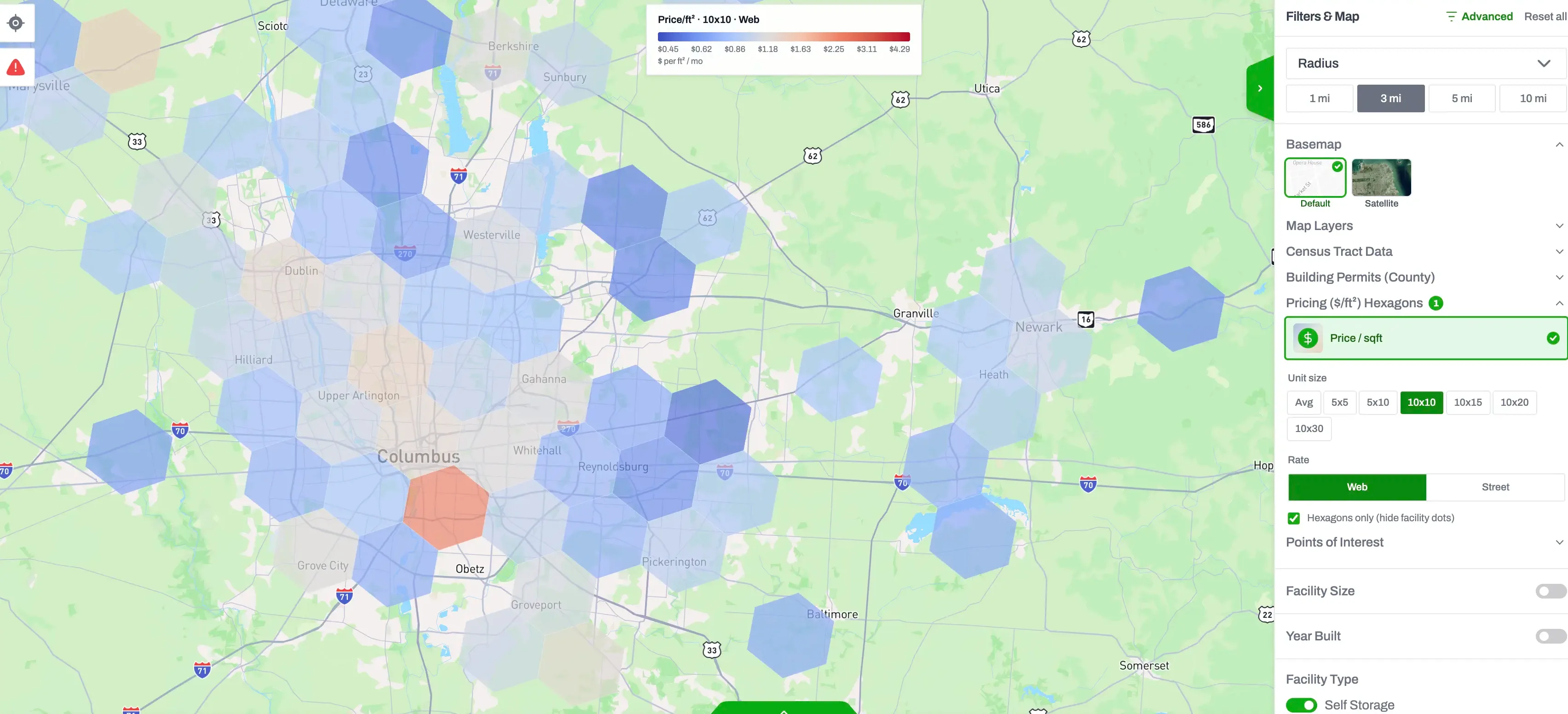 Storage Stats map of the Columbus, Ohio metro showing the pricing heatmap for 10x10 web rates, with the Filters & Map panel open on the right: Pricing Heatmap ($/ft²) layer enabled, unit size buttons, a web/street rate toggle, and radius options from 1 to 10 miles